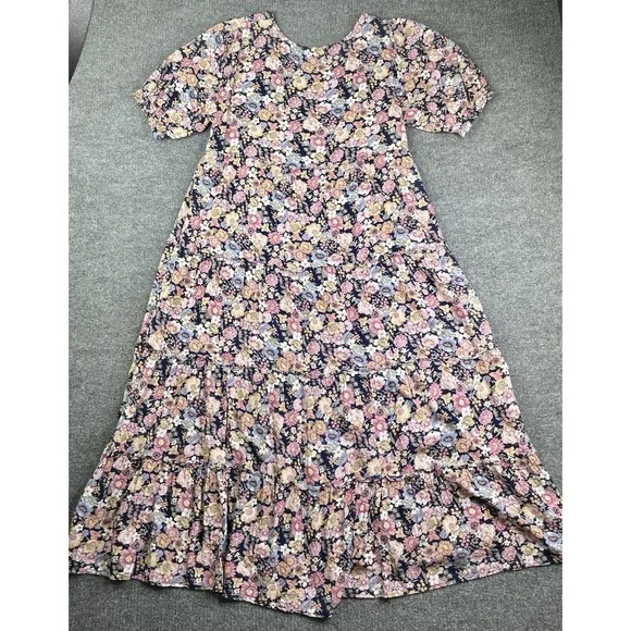 Natural Life Maxi Dress Women's Large Cottagecore Floral Short Sleeve Round Neck - Picture 3 of 7